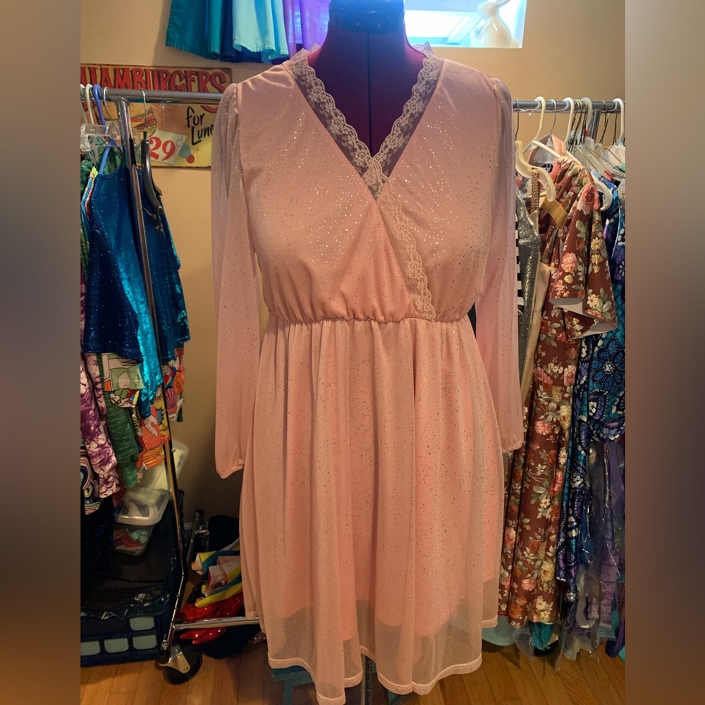 Plus size Pink & Silver sparkle dress with sheer sleeves